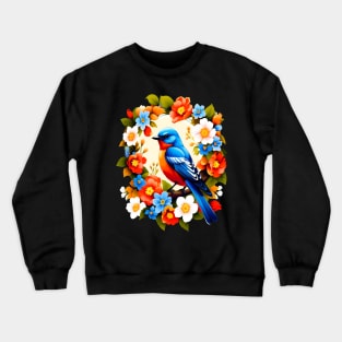 Cute Blue Bird Surrounded by Bold Vibrant Spring Flowers Crewneck Sweatshirt